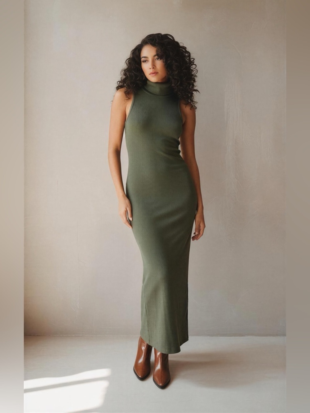 Zara Olive Green Ribbed Turtleneck Dress Size S